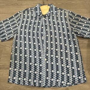 Vintage Syllables System Blue Short Sleeve Button Up Stripe Polka Dot Shirt Sz M